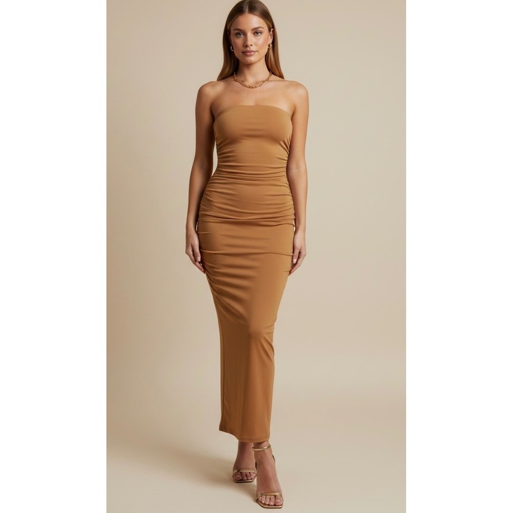 NEW Pretty Garden Ruched Strapless Bodycon Maxi Dress Size XL Camel Tan